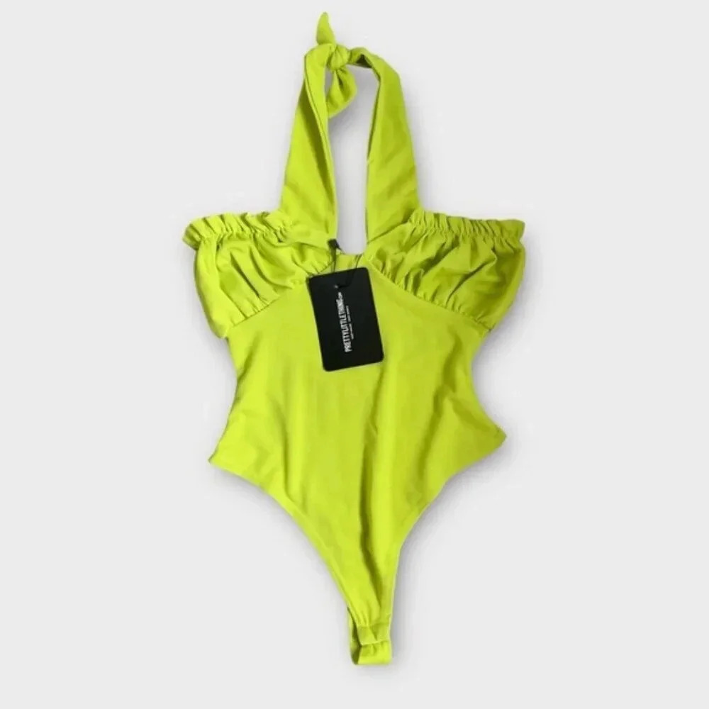 NWT Prettylittlething Lime Green Halter Neck Bodysuit